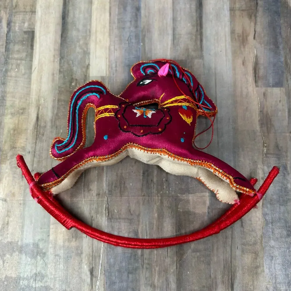 Vintage Red Chinese Silk Embroidered Rocking Horse Hanging Ornament New Year